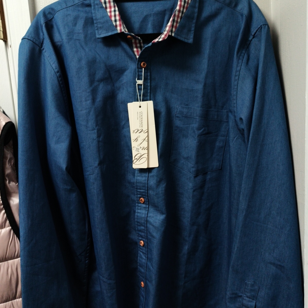 Coofandy Blue Button-Up Shirt with Plaid Collar XXL